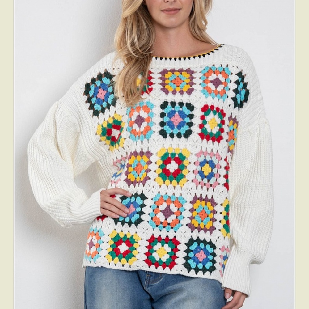 🌼 Blue Velvet “ Brianna “ Blue Velvet Granny Square Knit Sweater 33